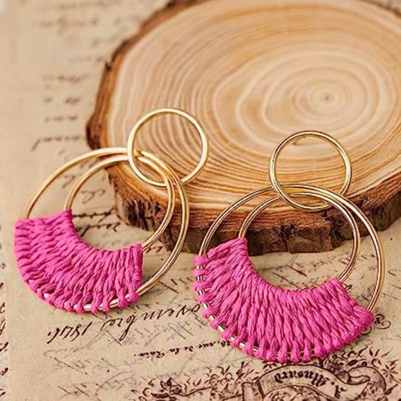 Dark Pink Woven Raffia Gold Hoop Earrings Wicker Hoops Boho Links Post Style New - Picture 2 of 5